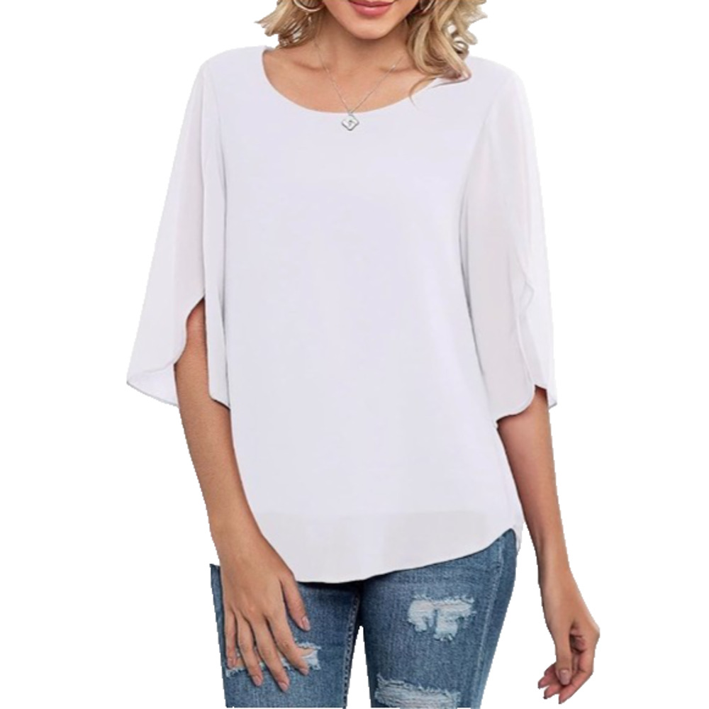 Neineiwu Women's Relaxed Flowy Banded Short Sleeve Chiffon Top White Brunch Med